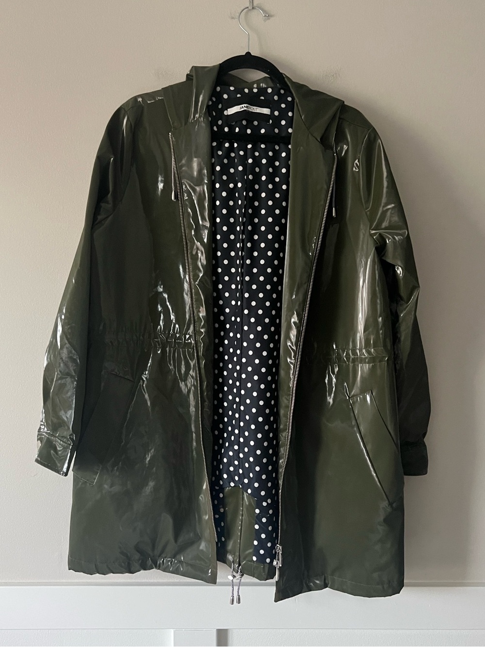 Jane Post NYC Olive Vinyl Hooded Rain Trench Coat Polka Dot L